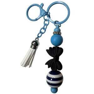 Handmade Beaded Keychain with Black Bow, Blue Silicone Bead & White Tassel – 6"